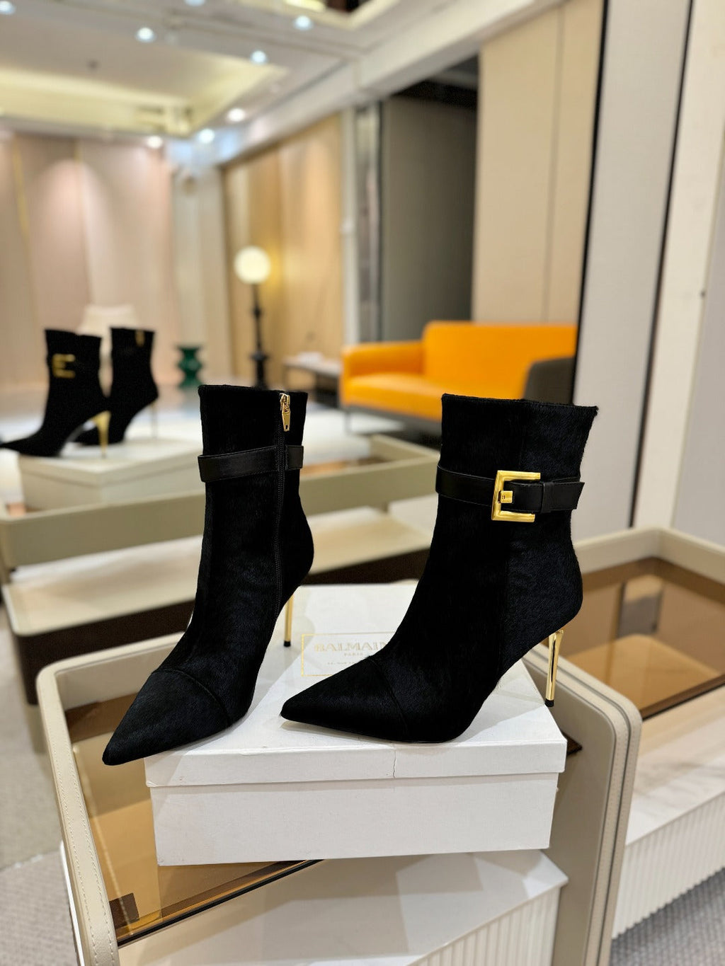 BALMAIN 26S BOOTS 95 MM IN BLACK PONY HAIR