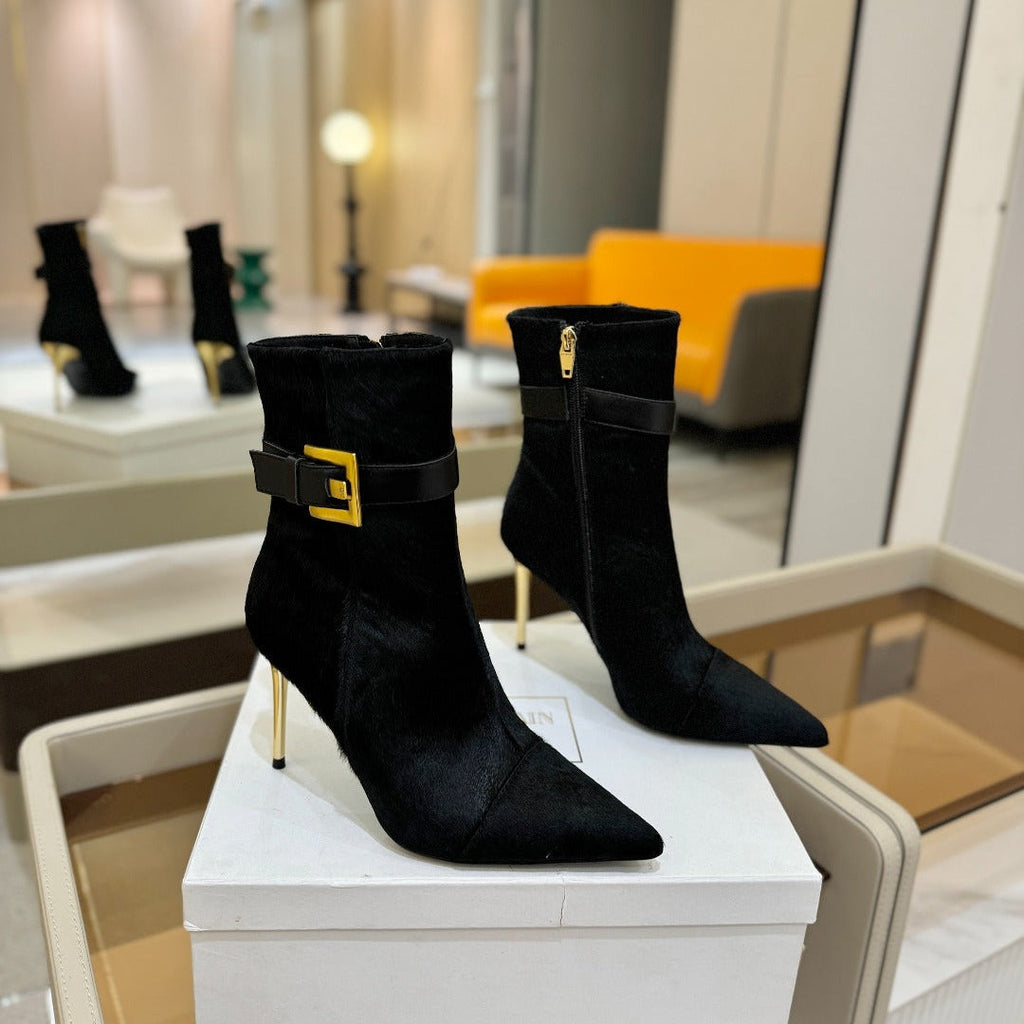 BALMAIN 26S BOOTS 95 MM IN BLACK PONY HAIR