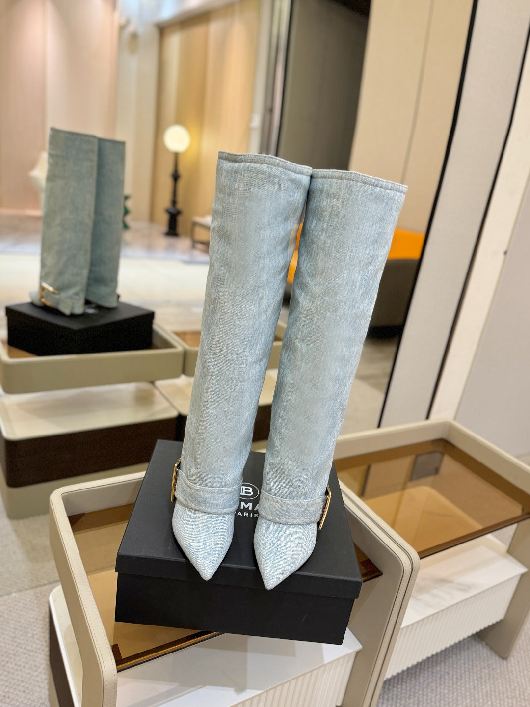 BALMAIN 26S KNEE-HIGH BOOTS 100 MM IN LIGHT BLUE DENIM
