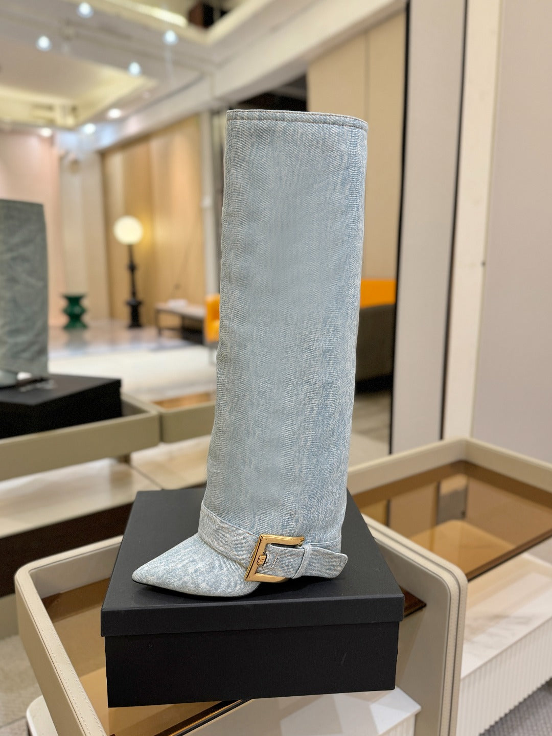 BALMAIN 26S KNEE-HIGH BOOTS 100 MM IN LIGHT BLUE DENIM