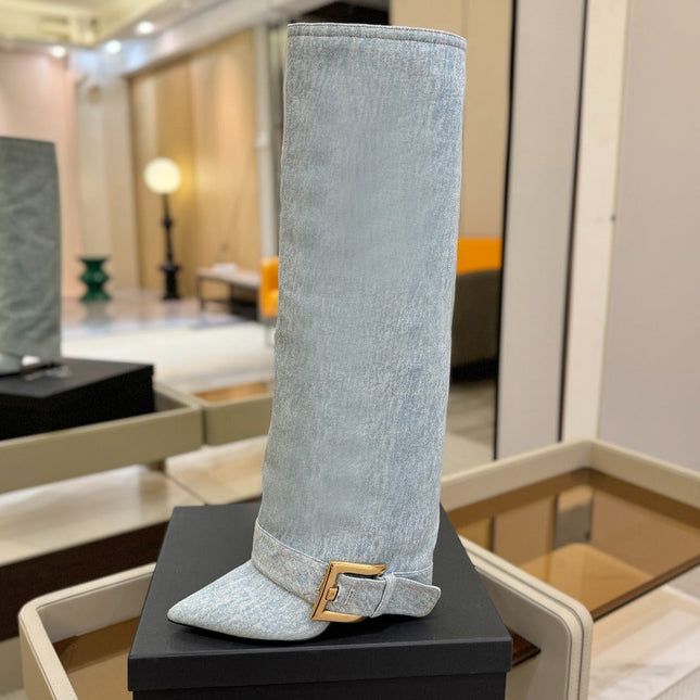 BALMAIN 26S KNEE-HIGH BOOTS 100 MM IN LIGHT BLUE DENIM