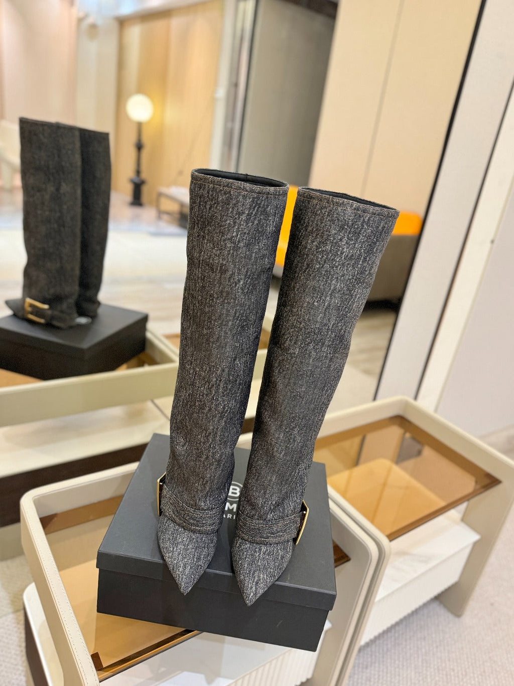 BALMAIN 26S KNEE-HIGH BOOTS 100 MM IN DARK GREY FABRIC