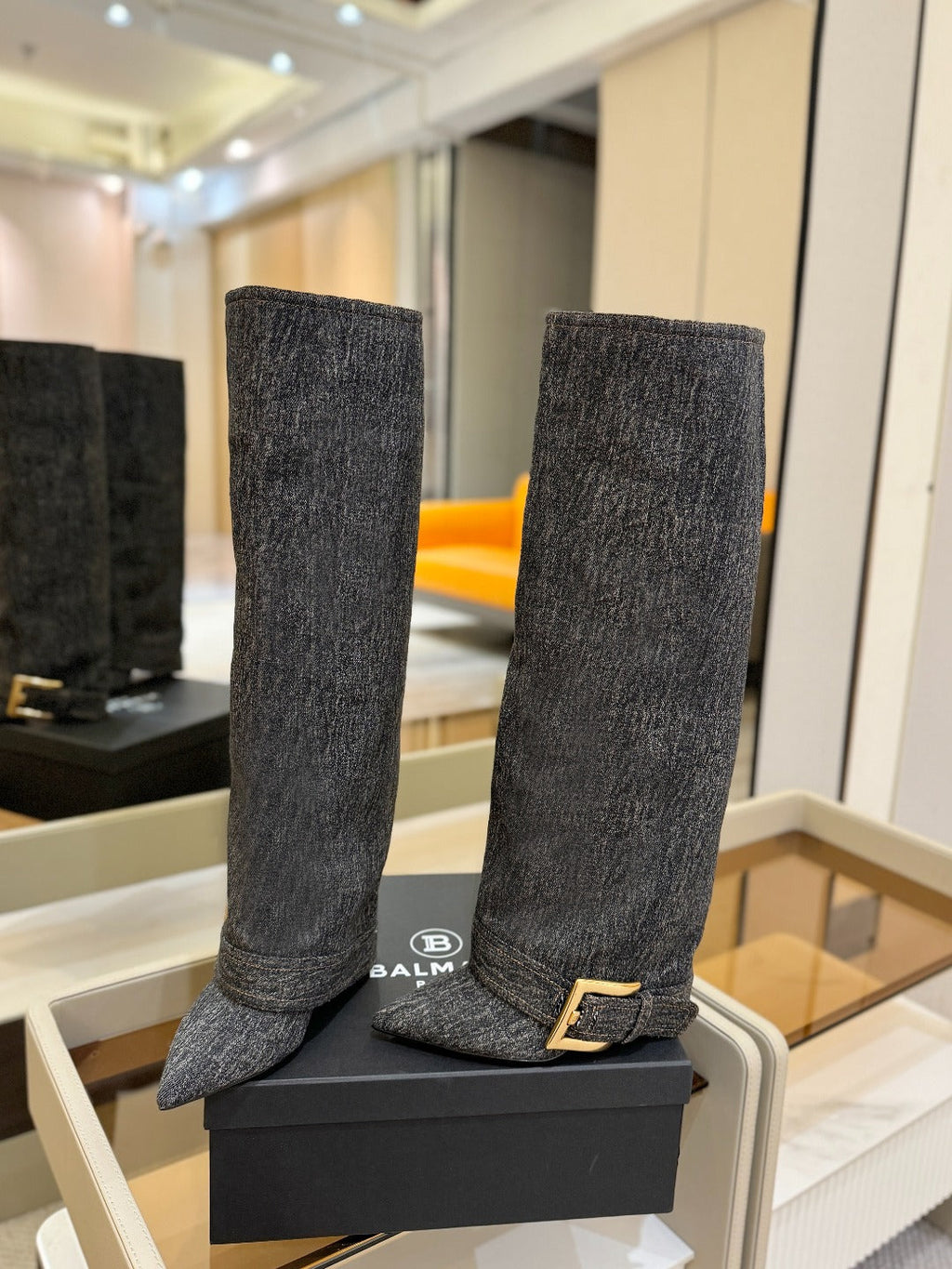 BALMAIN 26S KNEE-HIGH BOOTS 100 MM IN DARK GREY FABRIC