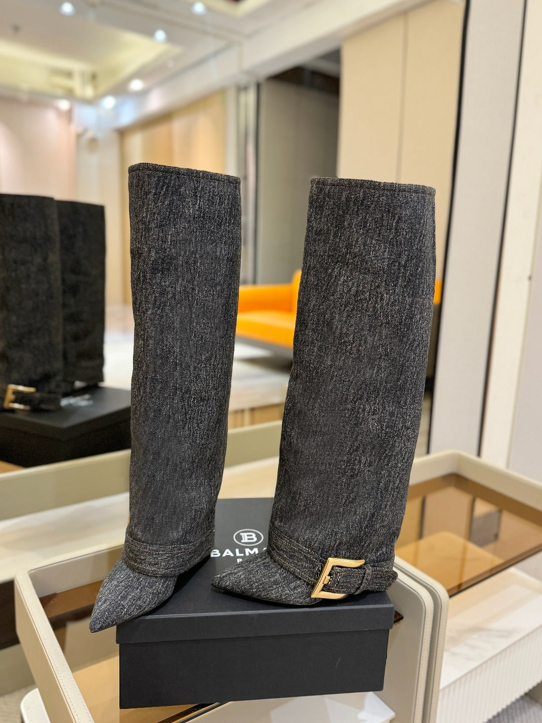 BALMAIN 26S KNEE-HIGH BOOTS 100 MM IN DARK GREY FABRIC