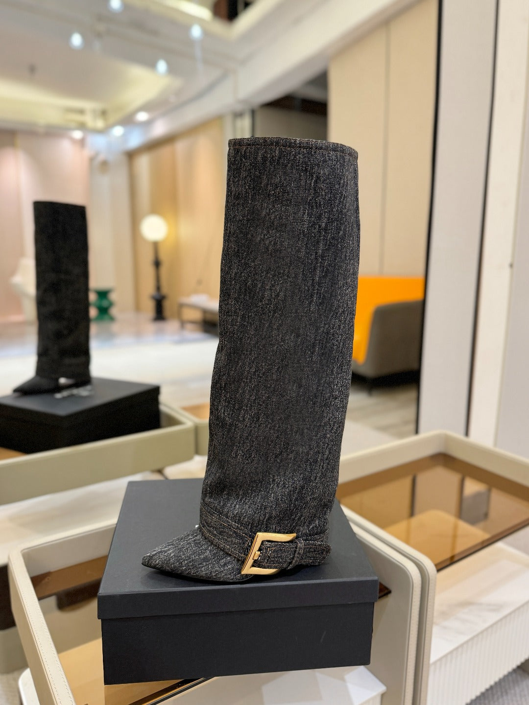 BALMAIN 26S KNEE-HIGH BOOTS 100 MM IN DARK GREY FABRIC