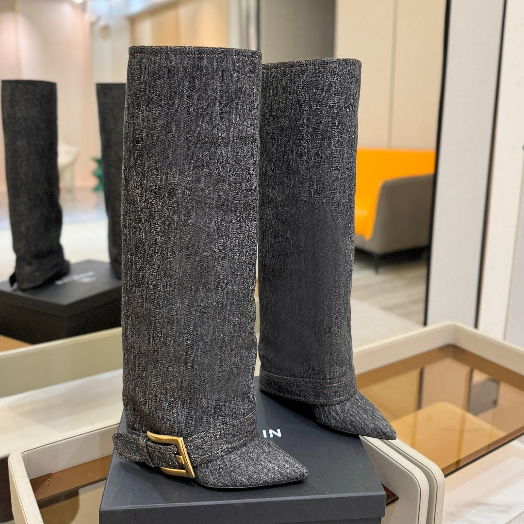 BALMAIN 26S KNEE-HIGH BOOTS 100 MM IN DARK GREY FABRIC