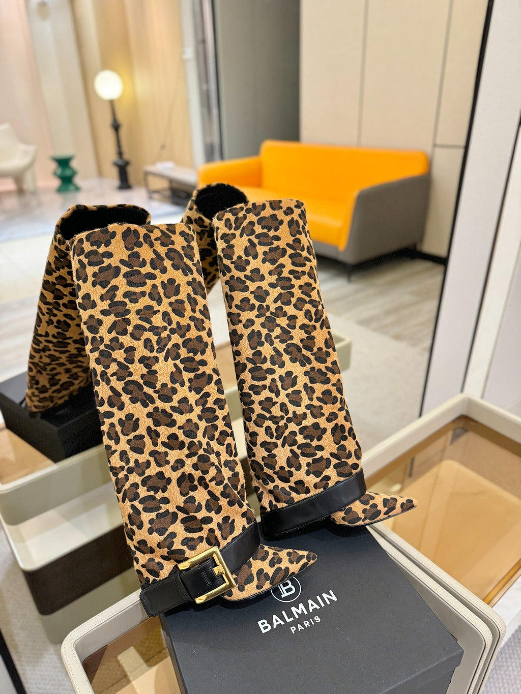 BALMAIN 26S KNEE-HIGH BOOTS 100 MM IN LEOPARD PRINT PONY HAIR