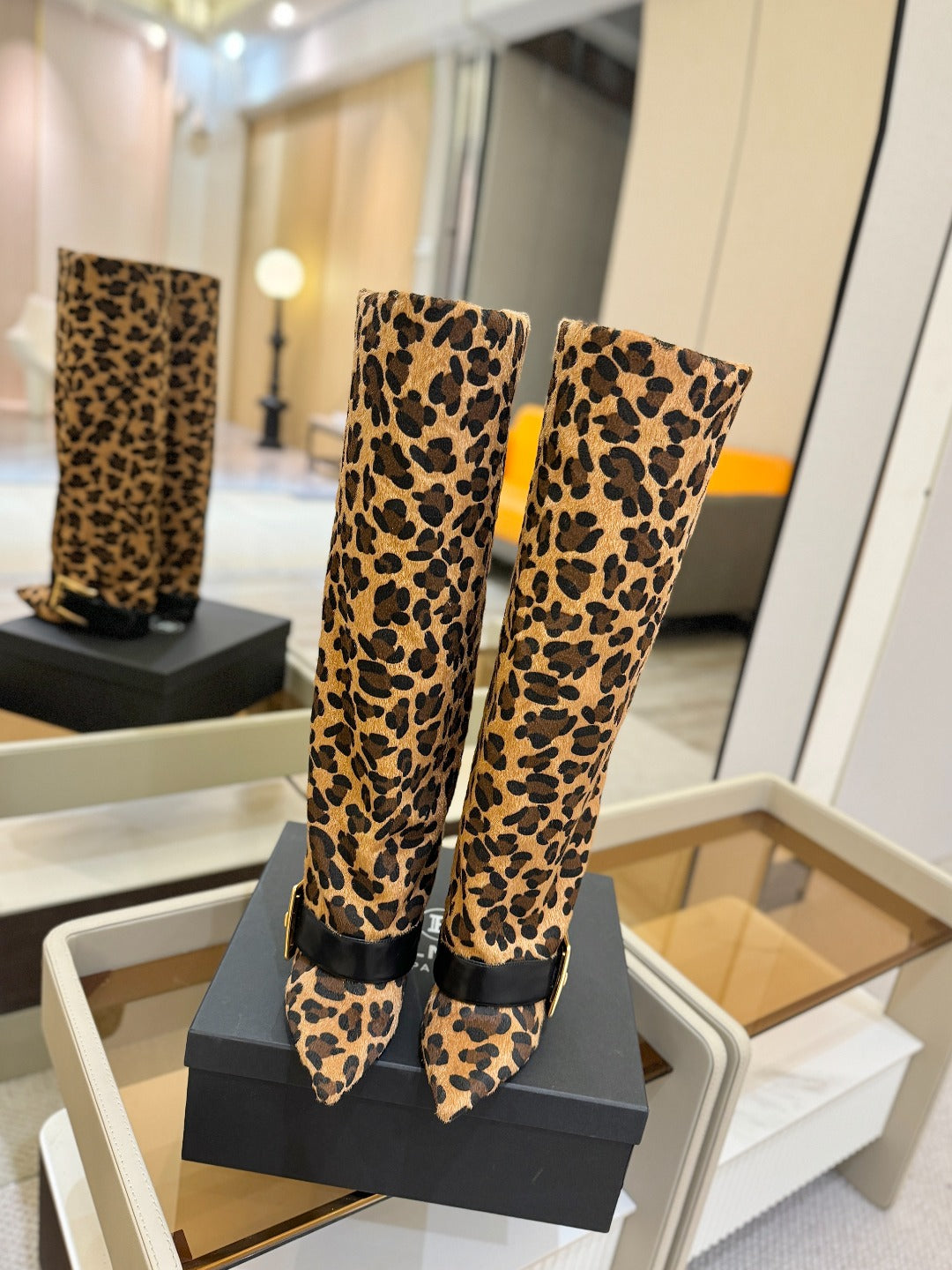 BALMAIN 26S KNEE-HIGH BOOTS 100 MM IN LEOPARD PRINT PONY HAIR