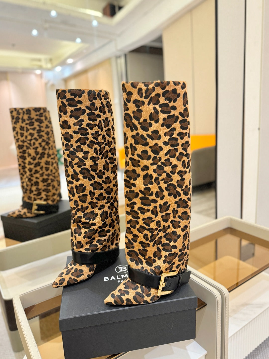 BALMAIN 26S KNEE-HIGH BOOTS 100 MM IN LEOPARD PRINT PONY HAIR