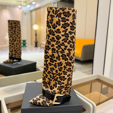 BALMAIN 26S KNEE-HIGH BOOTS 100 MM IN LEOPARD PRINT PONY HAIR
