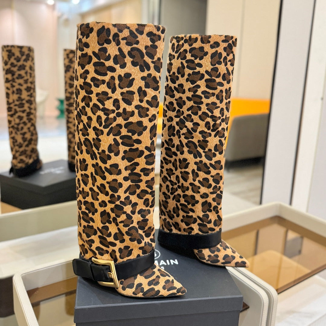 BALMAIN 26S KNEE-HIGH BOOTS 100 MM IN LEOPARD PRINT PONY HAIR