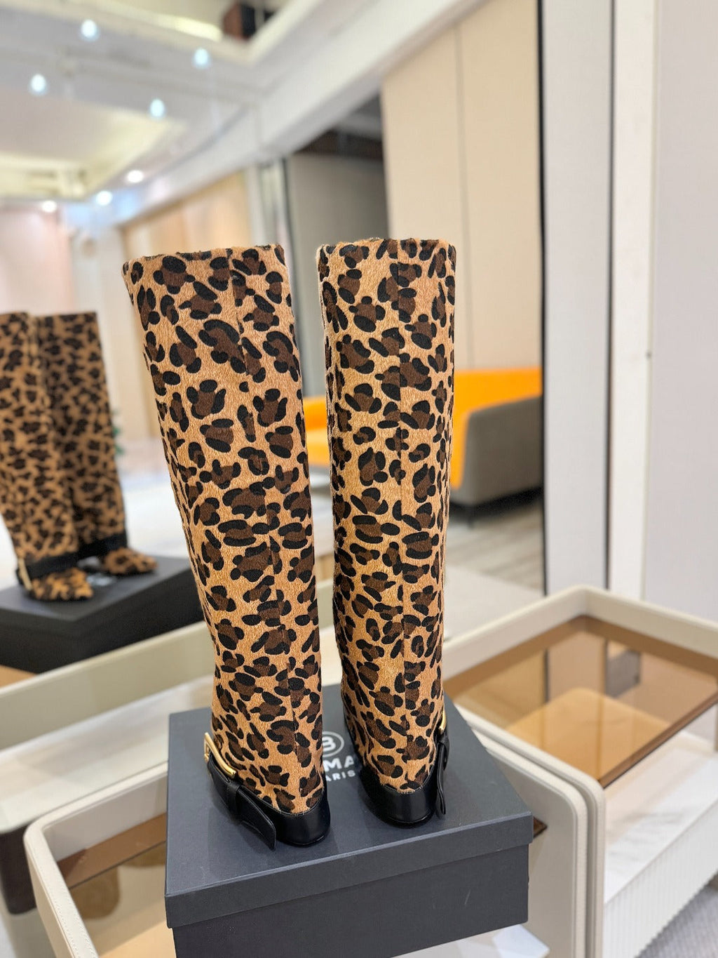 BALMAIN 26S KNEE-HIGH BOOTS 100 MM IN LEOPARD PRINT PONY HAIR