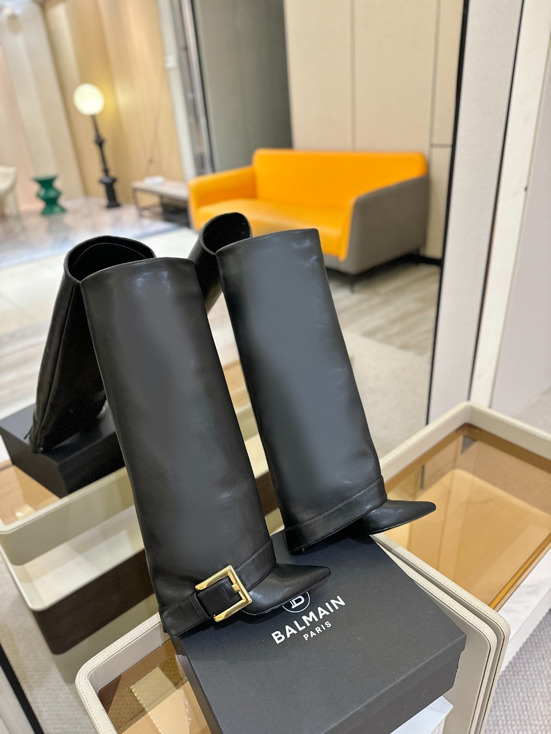 BALMAIN 26S KNEE-HIGH BOOTS 100 MM IN BLACK CALFSKIN