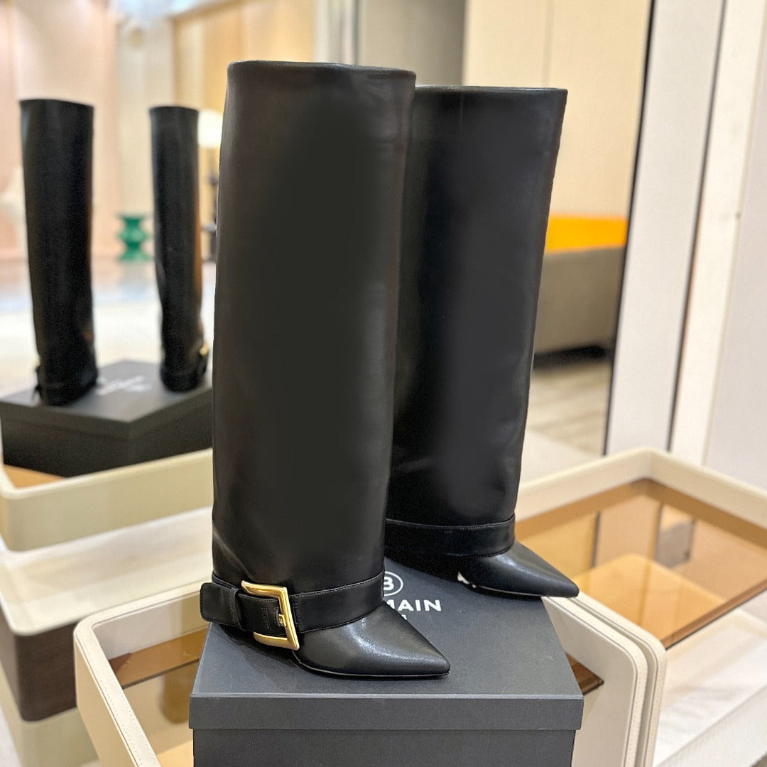 BALMAIN 26S KNEE-HIGH BOOTS 100 MM IN BLACK CALFSKIN