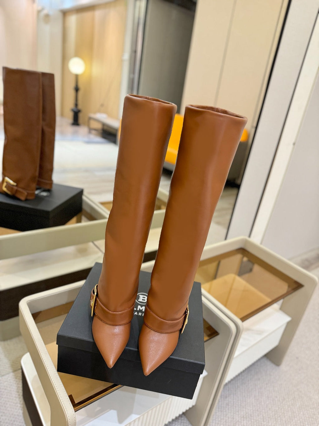 BALMAIN 26S KNEE-HIGH BOOTS 100 MM IN BROWN CALFSKIN