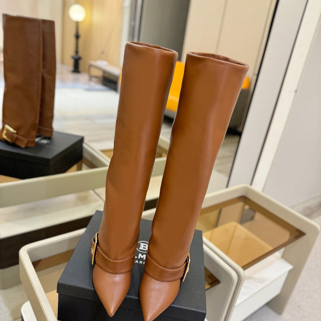 BALMAIN 26S KNEE-HIGH BOOTS 100 MM IN BROWN CALFSKIN