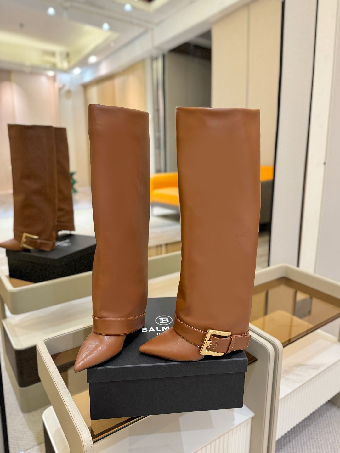 BALMAIN 26S KNEE-HIGH BOOTS 100 MM IN BROWN CALFSKIN