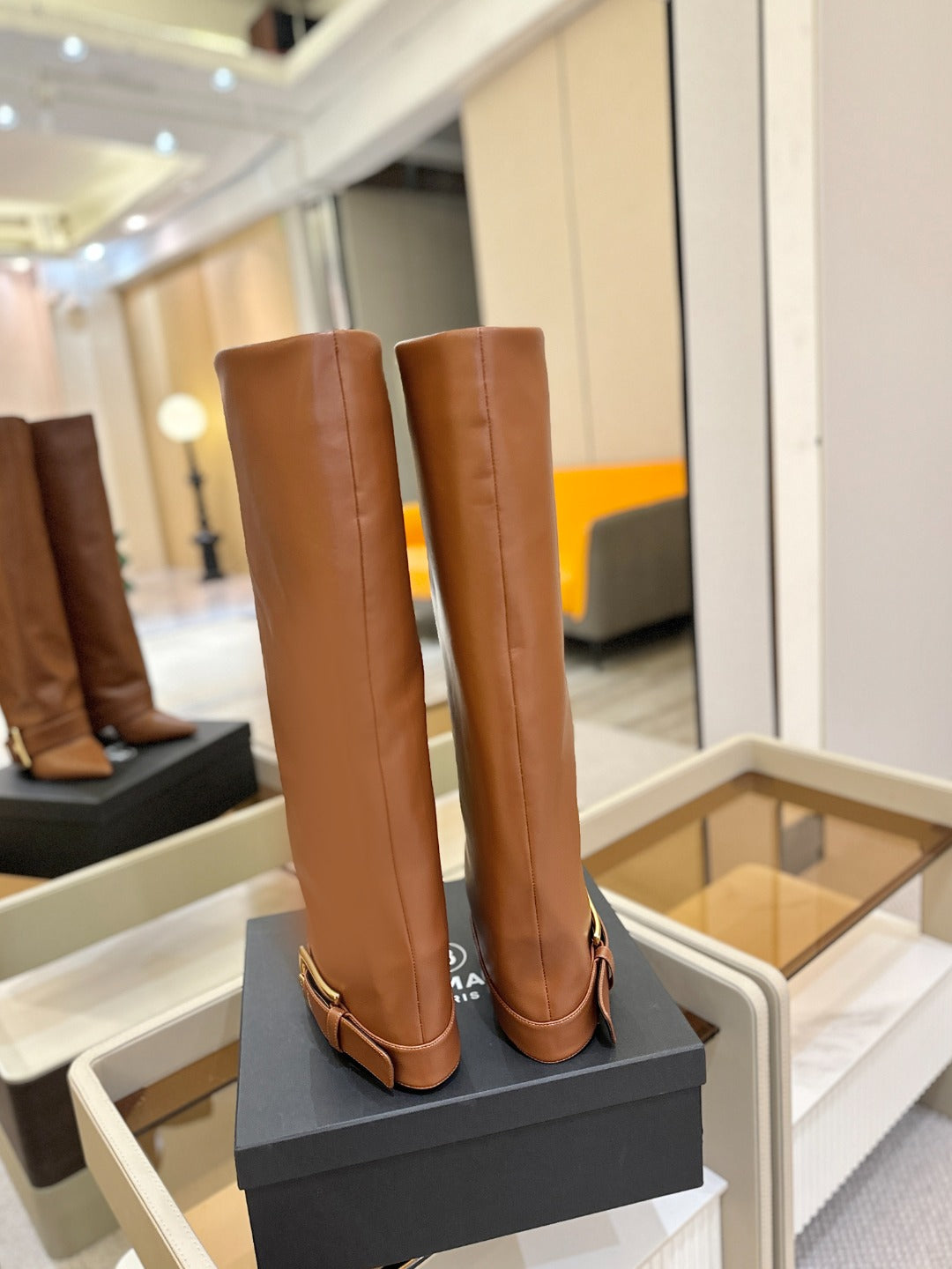 BALMAIN 26S KNEE-HIGH BOOTS 100 MM IN BROWN CALFSKIN