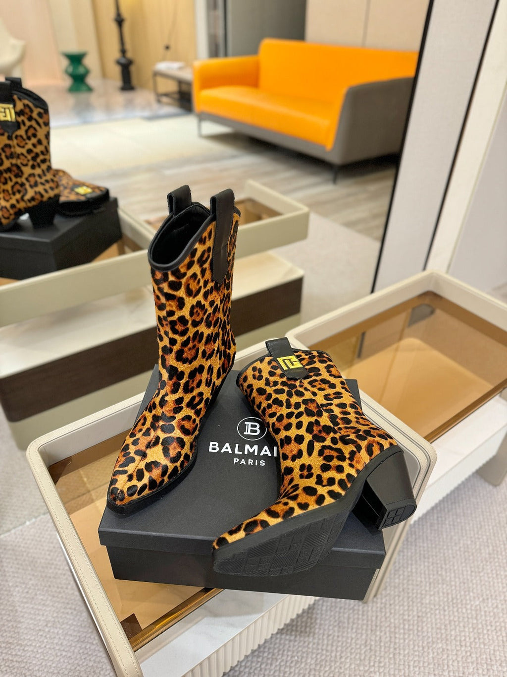 BALMAIN 26S COWBOY ANKLE BOOTS 65 MM IN LEOPARD PRINT PONY HAIR