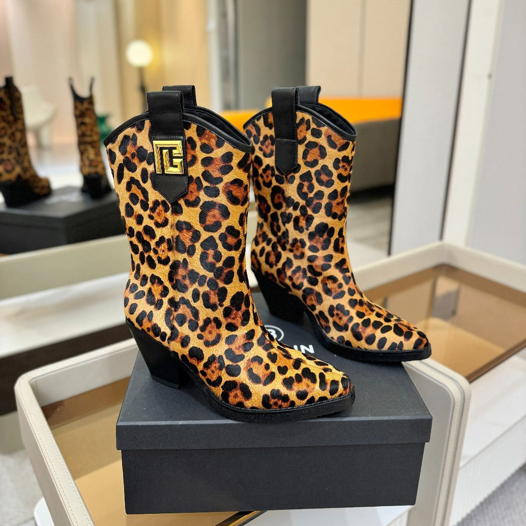 BALMAIN 26S COWBOY ANKLE BOOTS 65 MM IN LEOPARD PRINT PONY HAIR
