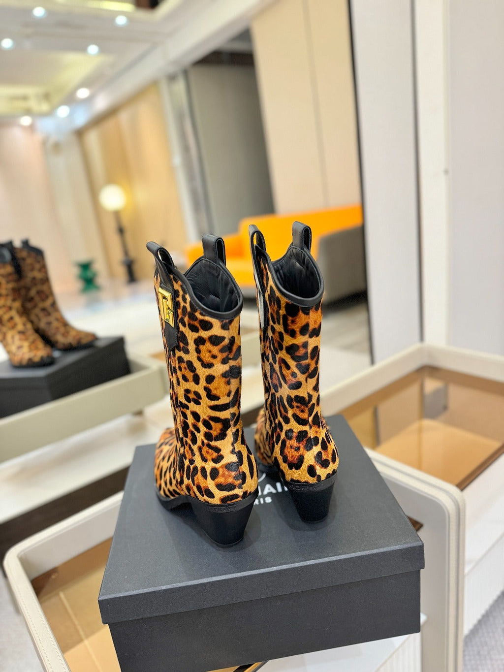 BALMAIN 26S COWBOY ANKLE BOOTS 65 MM IN LEOPARD PRINT PONY HAIR