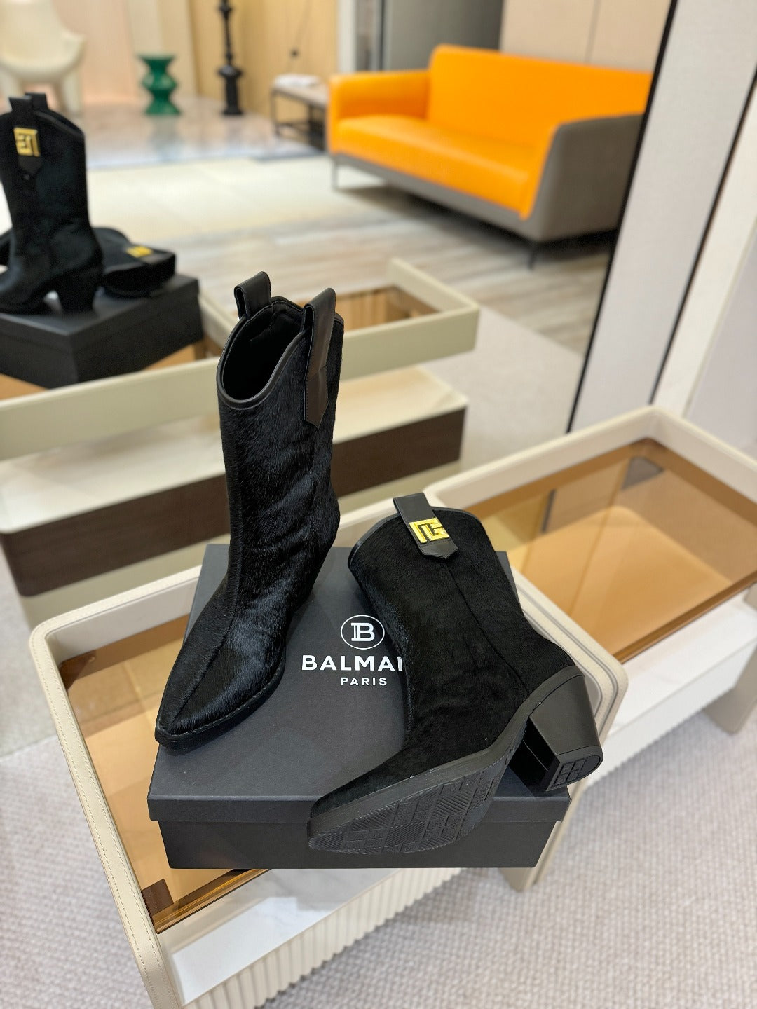 BALMAIN 26S COWBOY ANKLE BOOTS 65 MM IN BLACK PONY HAIR