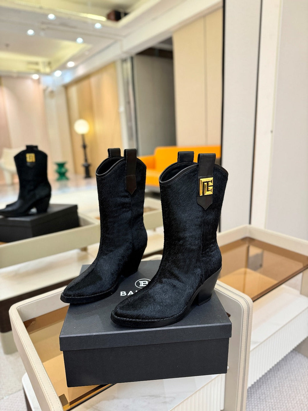 BALMAIN 26S COWBOY ANKLE BOOTS 65 MM IN BLACK PONY HAIR