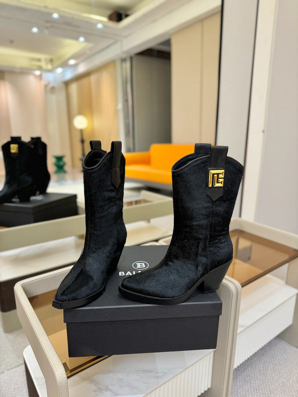 BALMAIN 26S COWBOY ANKLE BOOTS 65 MM IN BLACK PONY HAIR