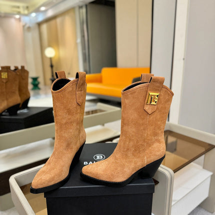 BALMAIN 26S COWBOY ANKLE BOOTS 65 MM IN BROWN SUEDE
