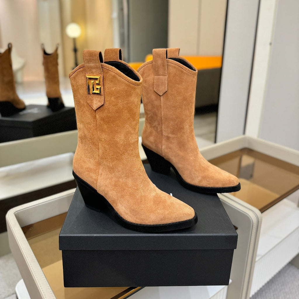BALMAIN 26S COWBOY ANKLE BOOTS 65 MM IN BROWN SUEDE