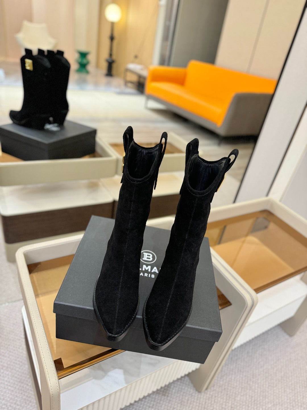 BALMAIN 26S COWBOY ANKLE BOOTS 65 MM IN BLACK SUEDE