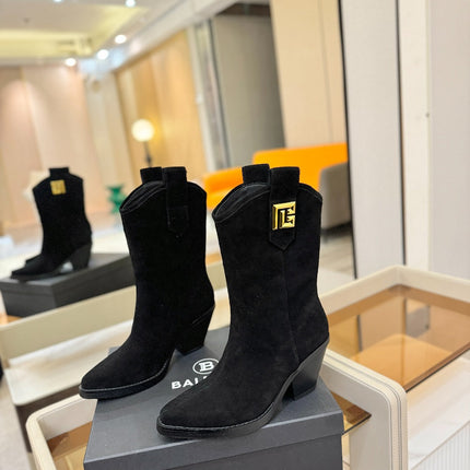 BALMAIN 26S COWBOY ANKLE BOOTS 65 MM IN BLACK SUEDE