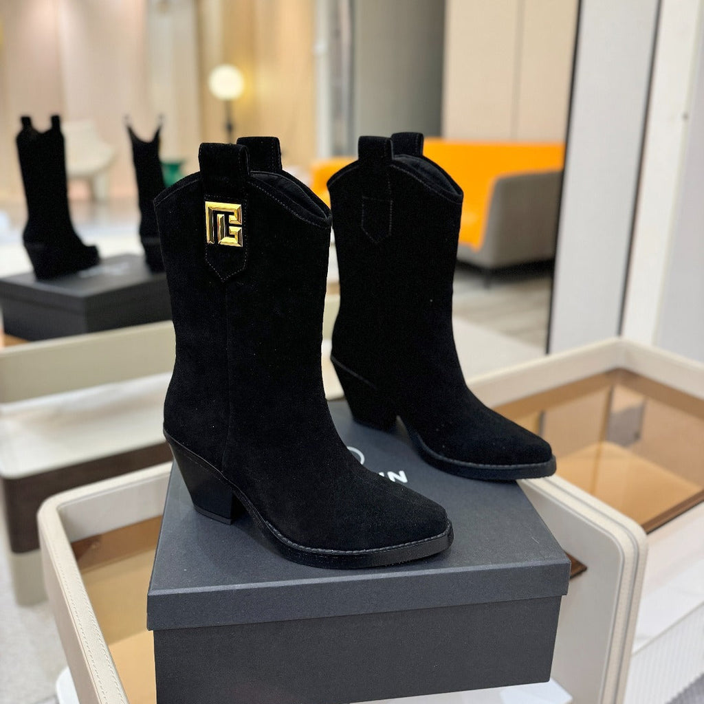 BALMAIN 26S COWBOY ANKLE BOOTS 65 MM IN BLACK SUEDE