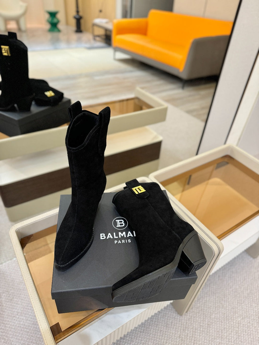 BALMAIN 26S COWBOY ANKLE BOOTS 65 MM IN BLACK SUEDE