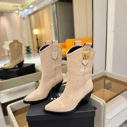 BALMAIN 26S COWBOY ANKLE BOOTS 65 MM IN BEIGE SUEDE