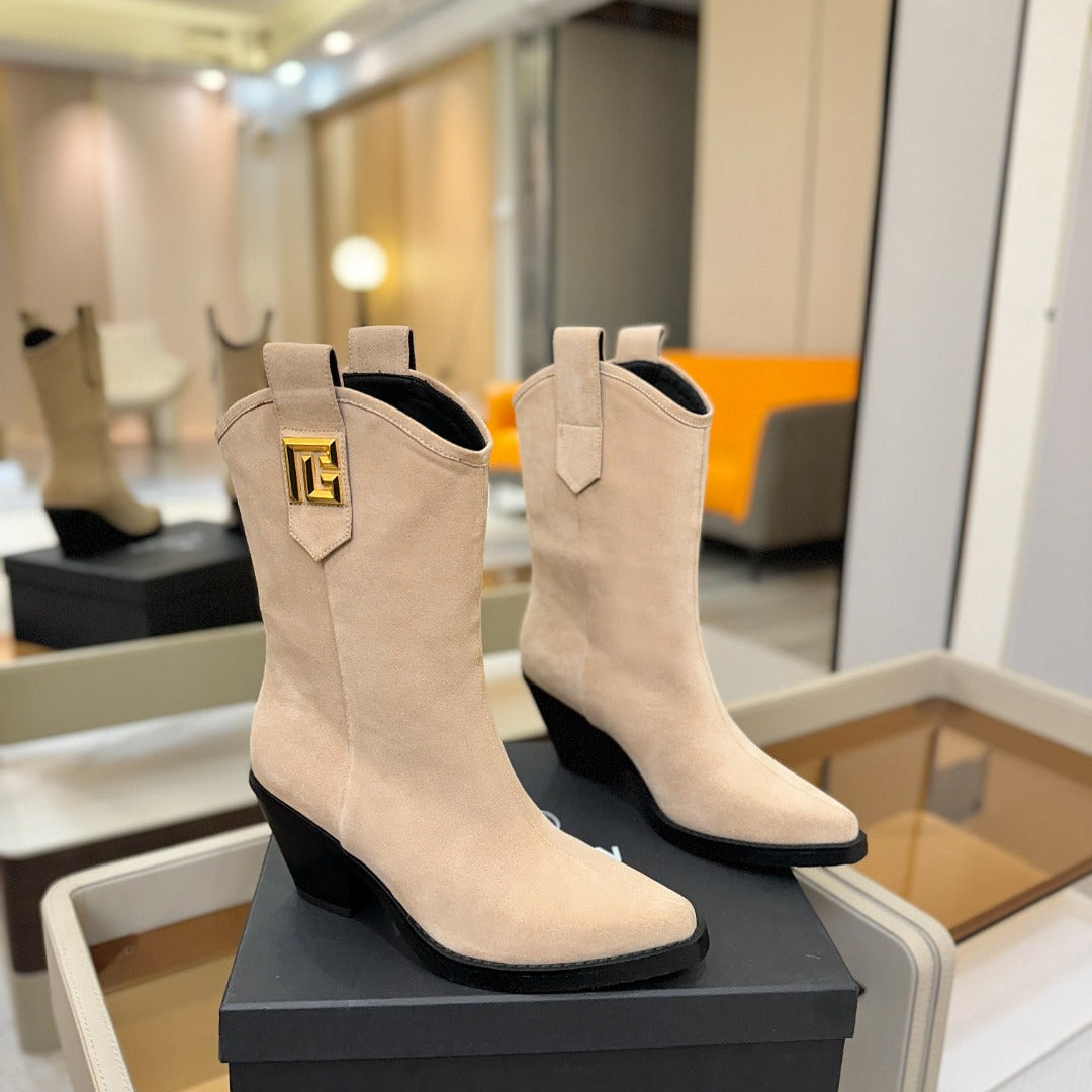 BALMAIN 26S COWBOY ANKLE BOOTS 65 MM IN BEIGE SUEDE