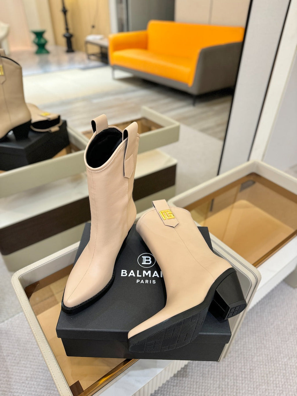 BALMAIN 26S COWBOY ANKLE BOOTS 65 MM IN BEIGE CALFSKIN