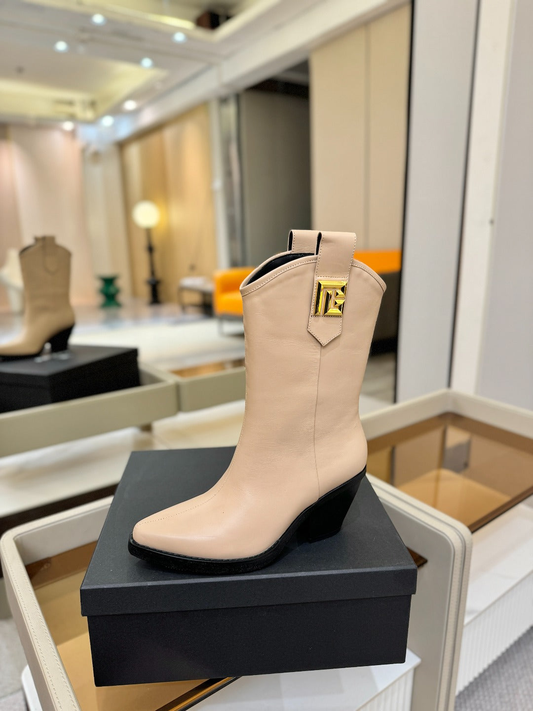 BALMAIN 26S COWBOY ANKLE BOOTS 65 MM IN BEIGE CALFSKIN