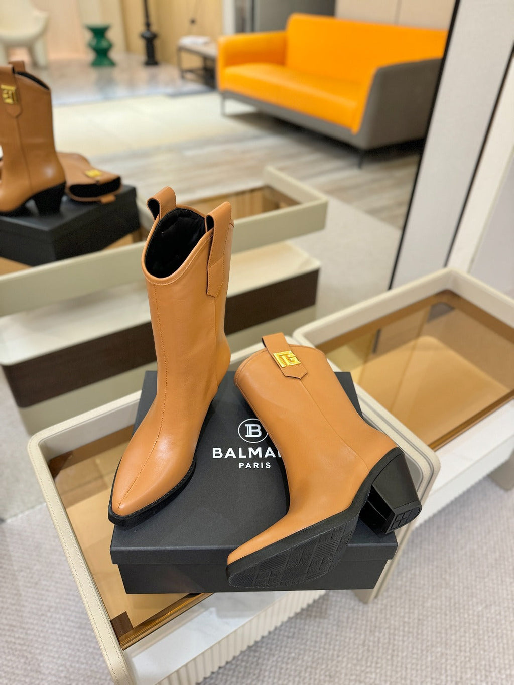 BALMAIN 26S COWBOY ANKLE BOOTS 65 MM IN BROWN CALFSKIN