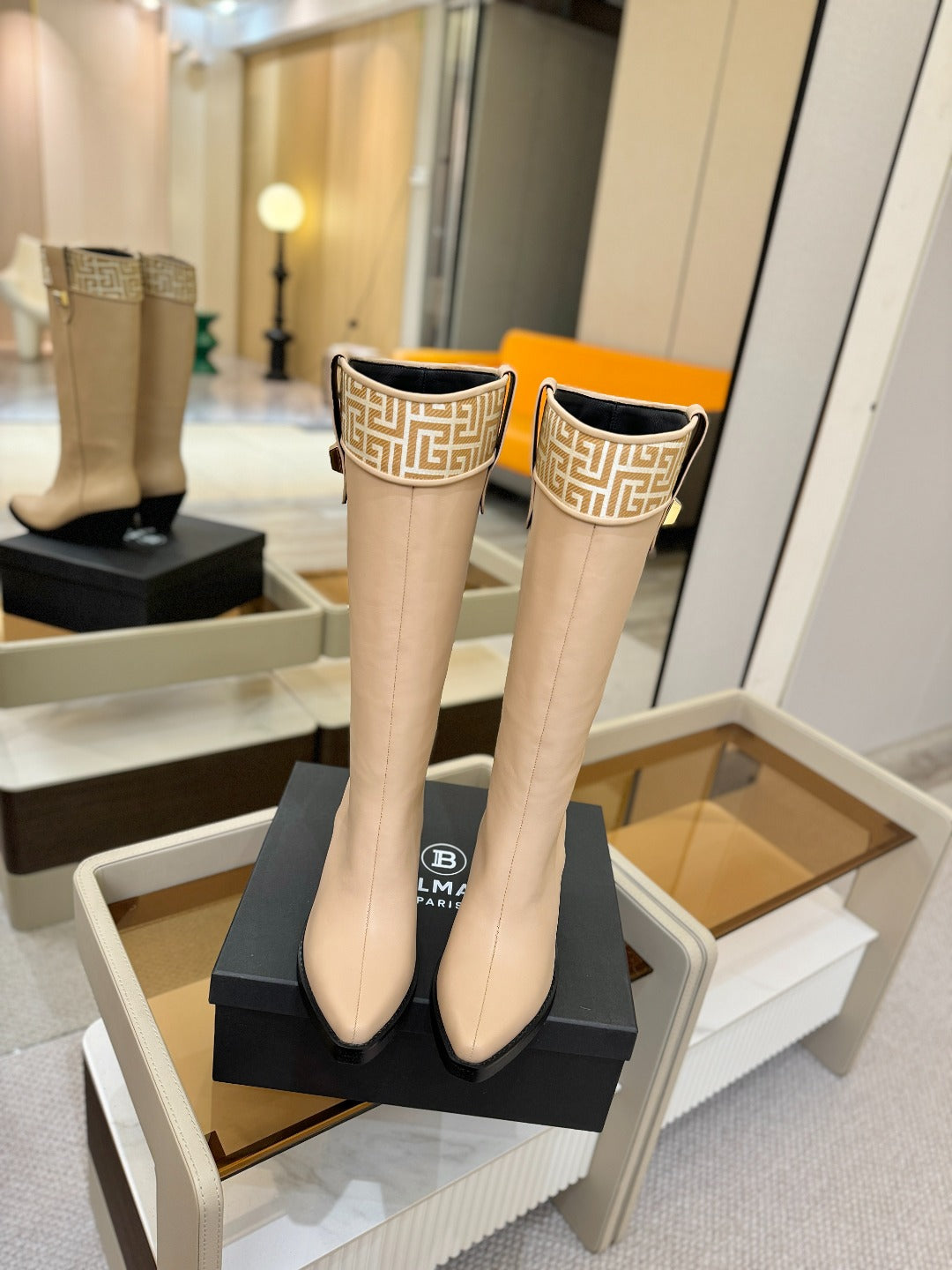 BALMAIN 26S HIGH BOOTS 65 MM IN BEIGE CALFSKIN