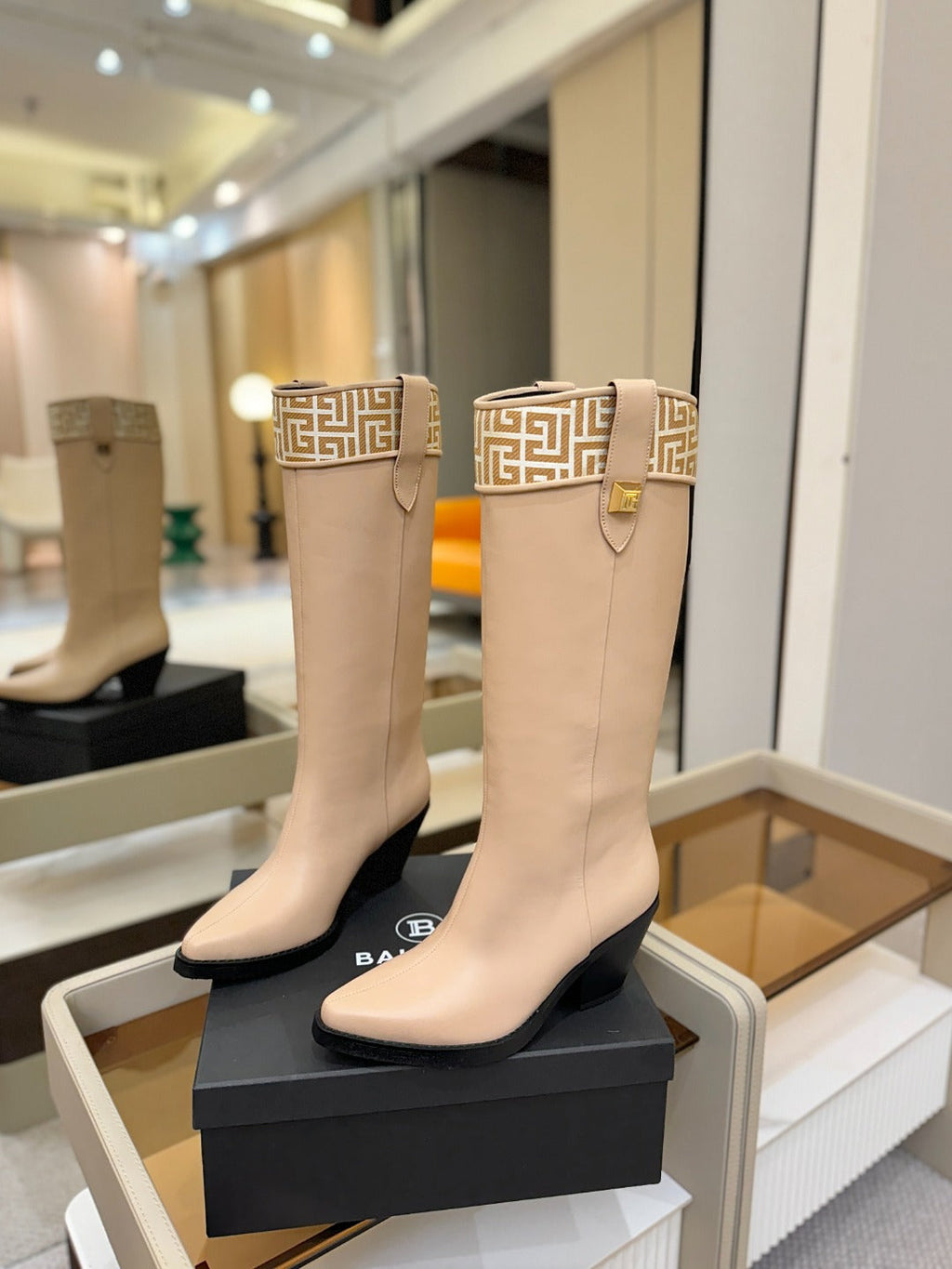 BALMAIN 26S HIGH BOOTS 65 MM IN BEIGE CALFSKIN