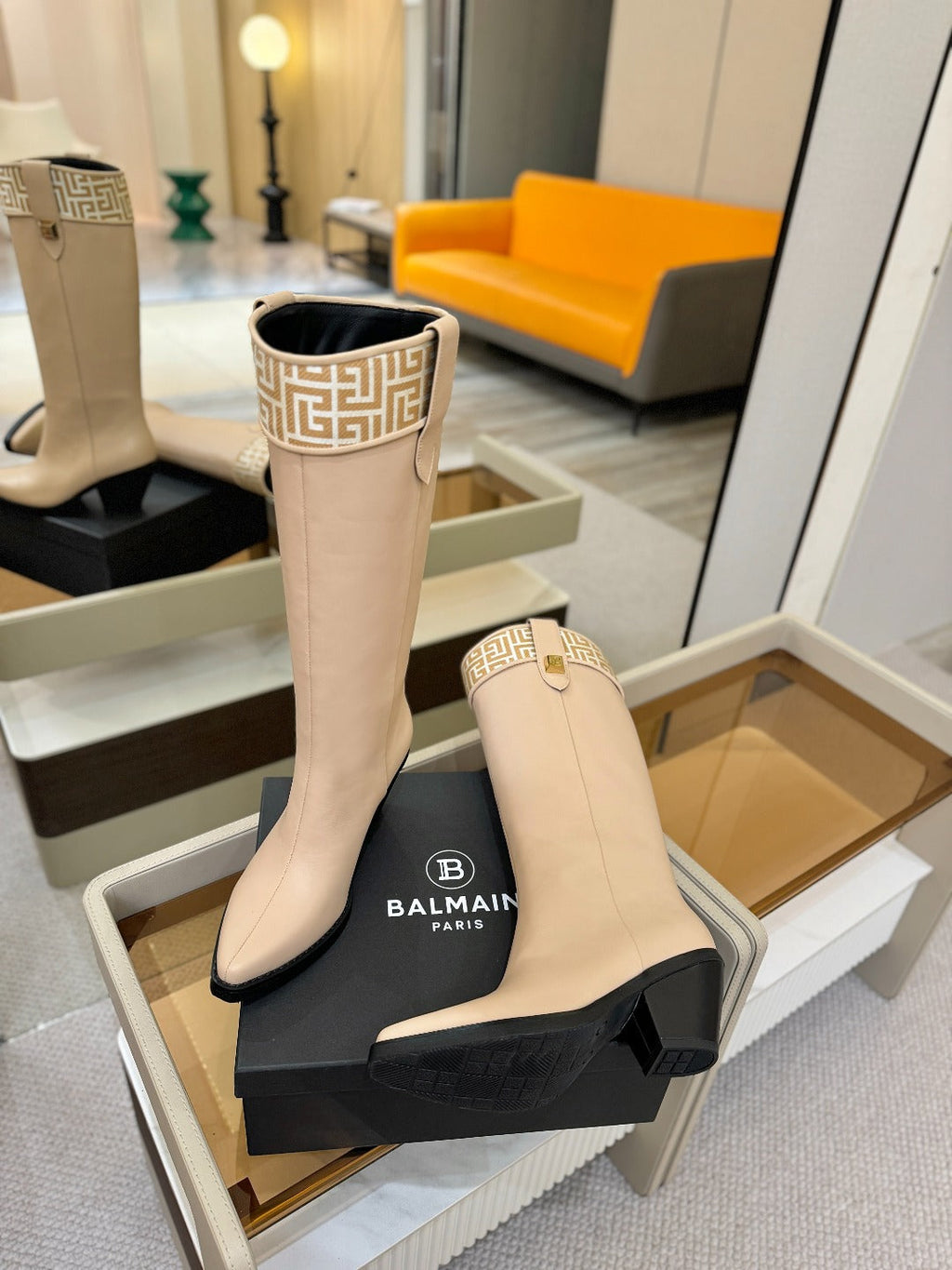 BALMAIN 26S HIGH BOOTS 65 MM IN BEIGE CALFSKIN
