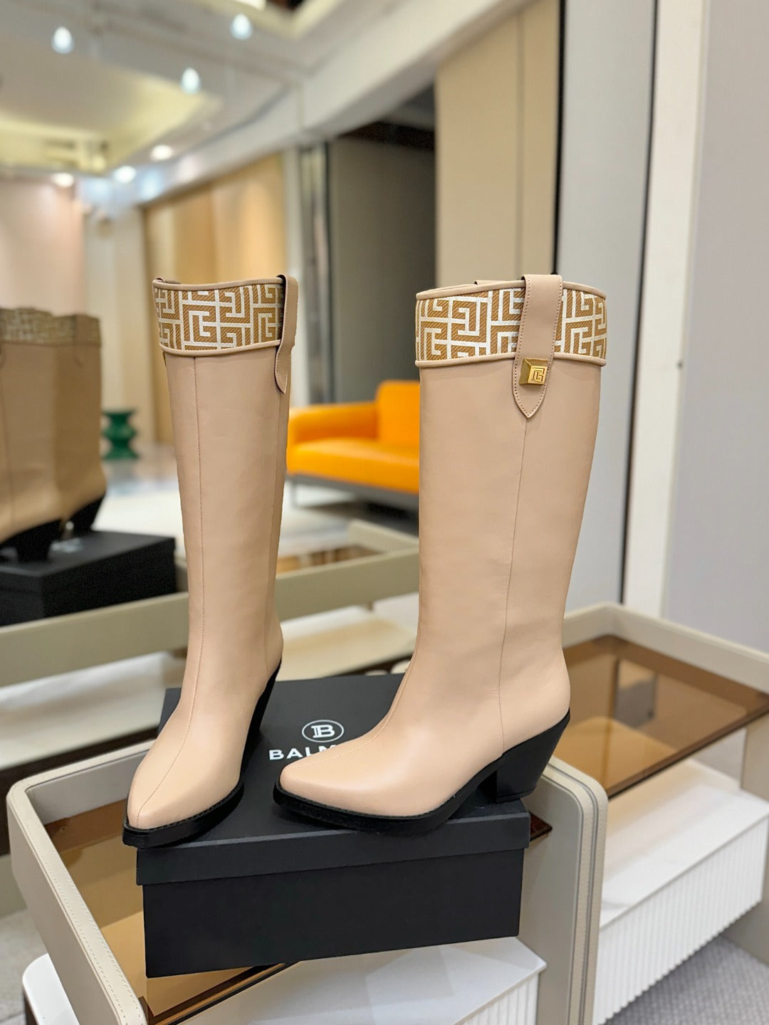 BALMAIN 26S HIGH BOOTS 65 MM IN BEIGE CALFSKIN