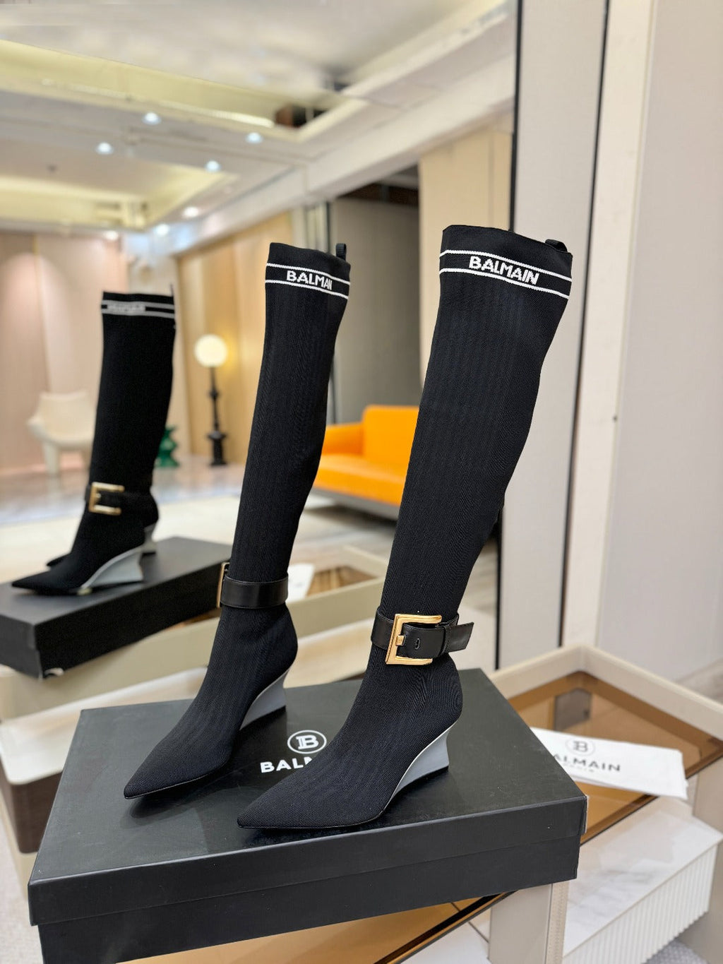 BALMAIN 26S HIGH-TOP BOOTS 75 MM IN BLACK FLYKNIT STYLE 1