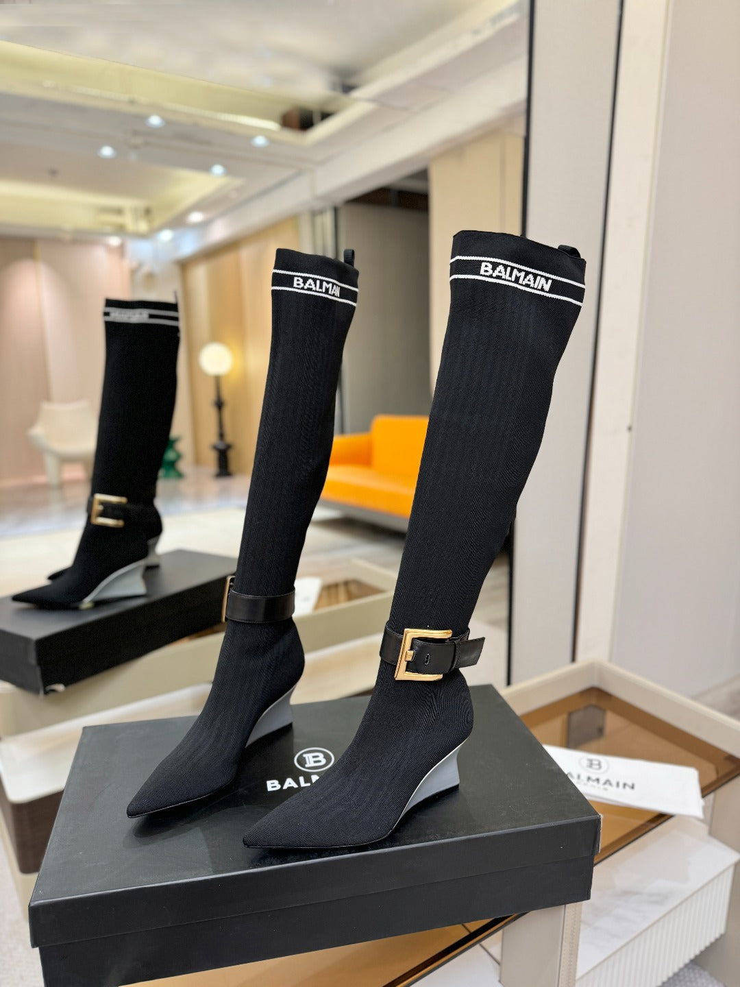 BALMAIN 26S HIGH-TOP BOOTS 75 MM IN BLACK FLYKNIT STYLE 1