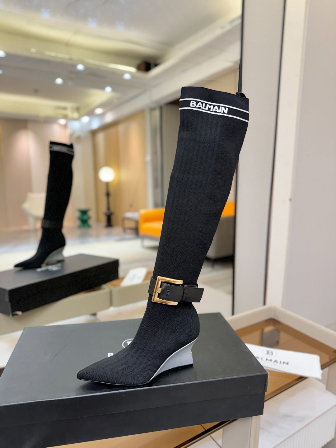 BALMAIN 26S HIGH-TOP BOOTS 75 MM IN BLACK FLYKNIT STYLE 1
