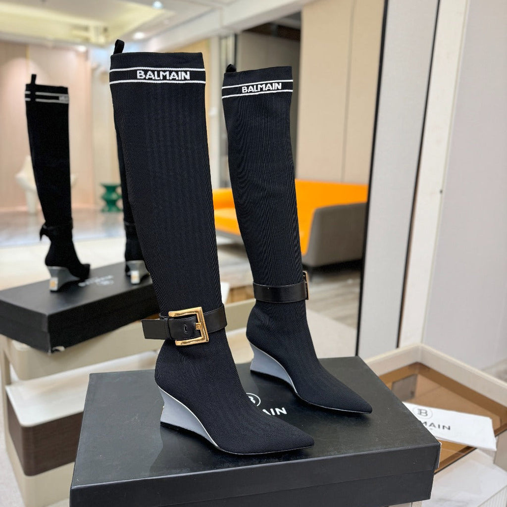 BALMAIN 26S HIGH-TOP BOOTS 75 MM IN BLACK FLYKNIT STYLE 1
