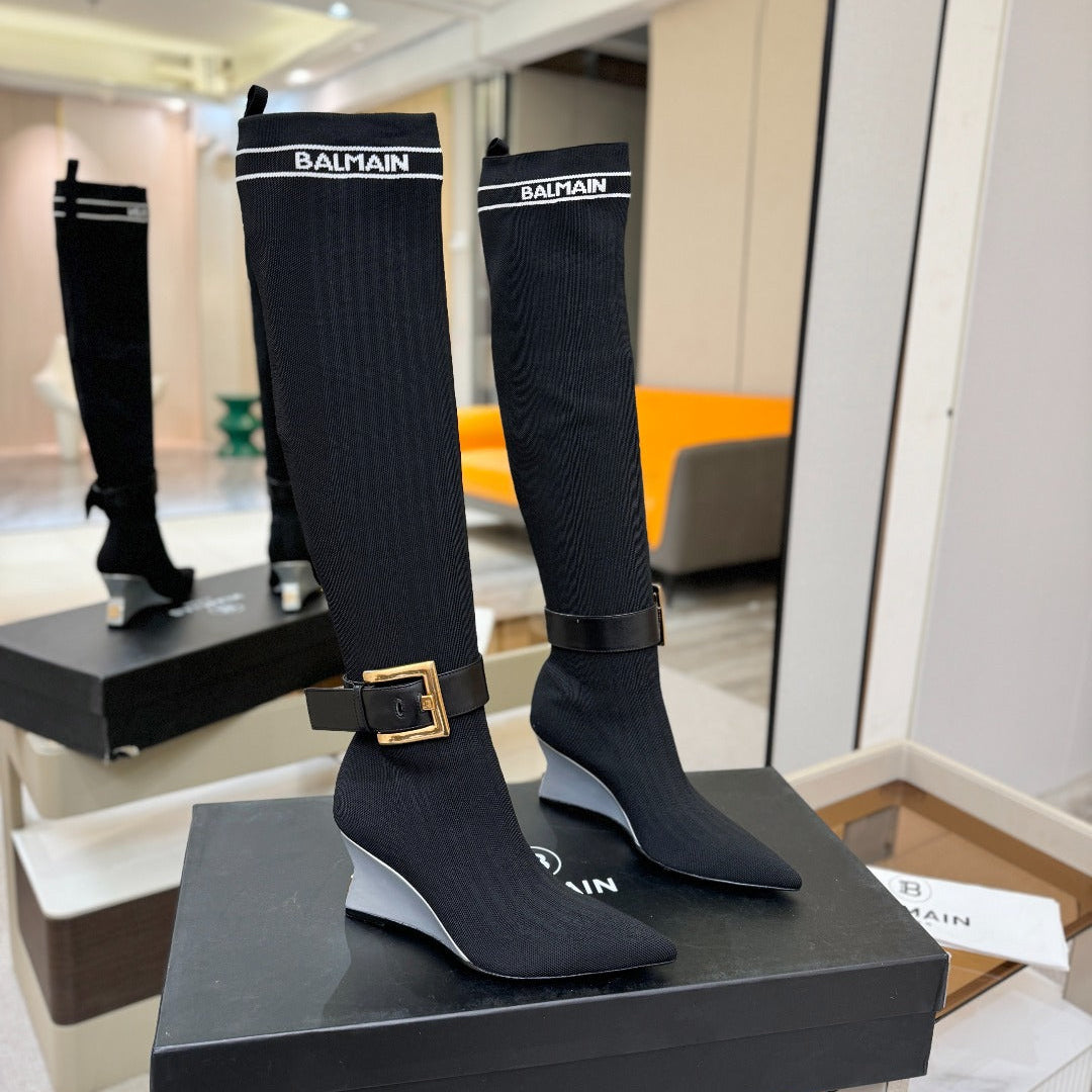 BALMAIN 26S HIGH-TOP BOOTS 75 MM IN BLACK FLYKNIT STYLE 1