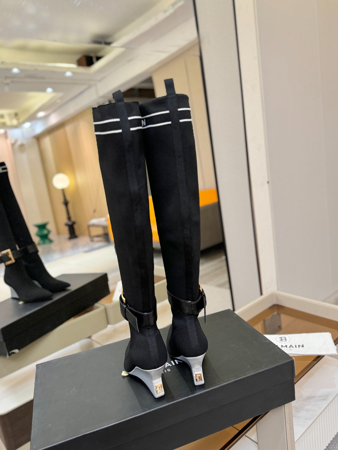 BALMAIN 26S HIGH-TOP BOOTS 75 MM IN BLACK FLYKNIT STYLE 1