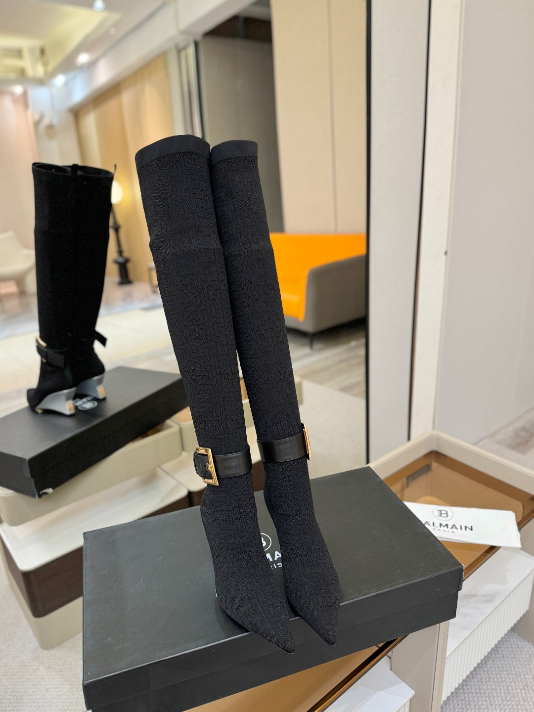 BALMAIN 26S HIGH-TOP BOOTS 75 MM IN BLACK FLYKNIT